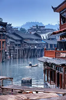 China, Hunan province, Fenghuang, riverside houses