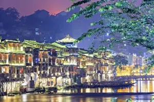 China, Hunan province, Fenghuang, riverside houses
