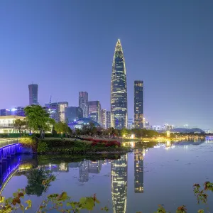 Business District Prints: China Resources Building and skyline at dusk, Shenzhen Bay, Shenzhen, Guangdong, China
