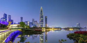 Business District Prints: China Resources Building and skyline at dusk, Shenzhen Bay, Shenzhen, Guangdong, China