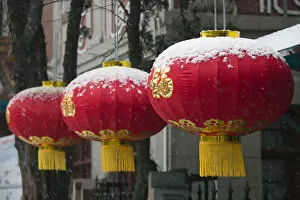 Images Dated 24th June 2008: China, Shandong Province, Qingdao, Old Town, Red Lanterns outside Qingdao Aquarium