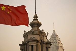 China, Shanghai, The Bund, Chinese flag
