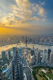 Above Gallery: China, Shanghai, View over Pudong Financial District, Huangpu River beyond
