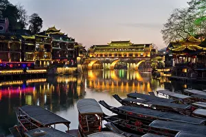 Hunan Prints: China, Zhonghua, Hunan, Fenghuang ancient city illuminated at night