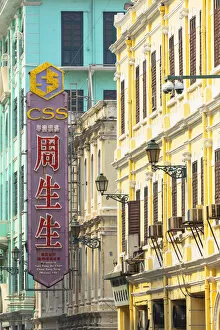 Chinese sign and colonial buildings, Macau, China