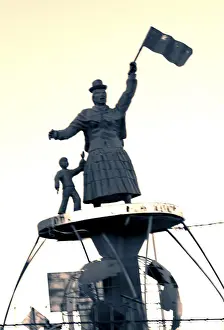La Paz Prints: Cholita Woman And Child Statue, Waving Indigenous Aymaran Flag, El Alto, Bolivia