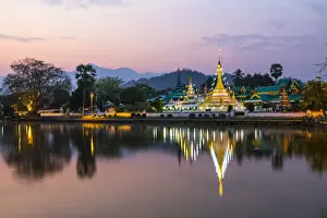 Icon Prints: Chong Kham lake and Wat Chong Kham temple in the background at sunrise, Mae Hong Son