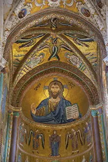 Jesus Christ Prints: Christ Pantocrator mosaic inside Cathedral San Salvatore, Cefalu, Sicily, Italy, Europe