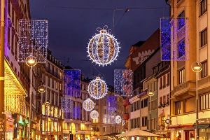 Lit Up Prints: Christmas decorations, La Petite France, Strasbourg, Alsace, Bas-Rhin, France