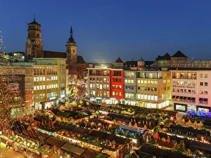 Christmas fair at the market square, view of collegiate church, Stuttgart, Baden-Wurttemberg, Germany