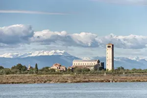 Torcello Prints: Church and bell tower of Torcello island and snowy Alps in background, Torcello island