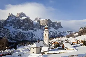 Ski Resorts Prints: Church in Colfosco, Badia and Sella Massif range of Mountains, Dolomites, South Tirol