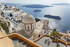 Images Dated 2nd March 2012: Church and cruise ship, Fira, Santorini (Thira), Cyclades, Greece