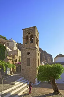 Images Dated 20th July 2018: Church of Elkomenos Christos and Bell Tower in Platia Dsami Square, Monemvasia, Laconia