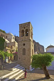 Images Dated 20th July 2018: Church of Elkomenos Christos and Bell Tower in Platia Dsami Square, Monemvasia, Laconia