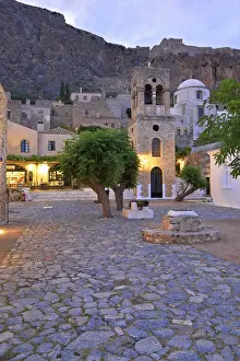 Coffeehouse Prints: Church of Elkomenos Christos and Bell Tower in Platia Dsami Square, Monemvasia, Laconia
