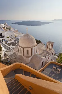 Images Dated 2nd March 2012: Church & Fira town at sunset, Fira, Santorini (Thira), Cyclades, Greece