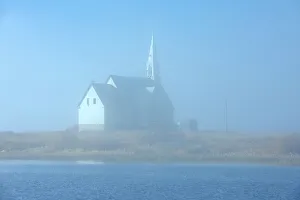 Longlac Prints: Church in fog on Long Lake Longlac, Ontario, Canada