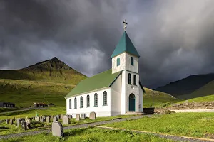 Dramatic Sky Prints: Church of Gjogv, Eysturoy island, Faroe Islands, Denmark, Europe