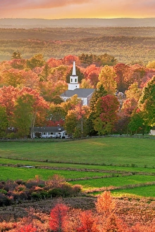 Small Town Prints: Church of Groton and Farm Land Groton, Massachusetts, New England, USA