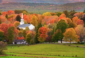 Small Town Prints: Church of Groton and Farm Land Groton, Massachusetts, New England, USA