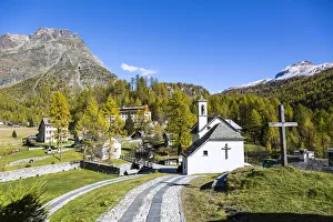 Ossola Prints: Church and houses in the green landscape of Alpe Devero, Val Formazza