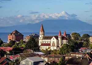 Church and Osorno Volcano, elevated view, Puerto Varas, Llanquihue Province, Los Lagos