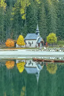 Mirror Image Prints: Church Reflecting in Lake Braies (Pragser Wildsee), Dolomites, South Tyrol, Italy