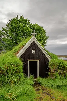 Desolation Prints: Church roof covered with grass in Iceland, Iceland