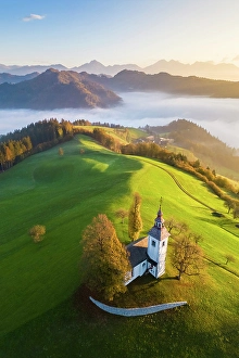 Skofja Loka Prints: Church of Saint Thomas at sunrise in autumn