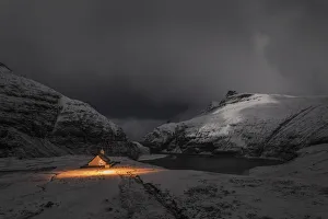 Saksun Prints: The church in Saksun covered by snow. Streymoy, Faroe Islands