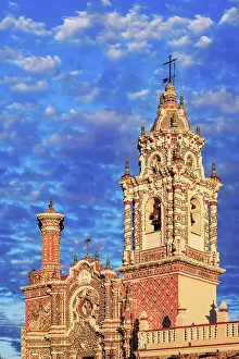 Puebla State Prints: Church of San Francisco Acatepec at sunset, detailed view, Cholula, Puebla State, Mexico