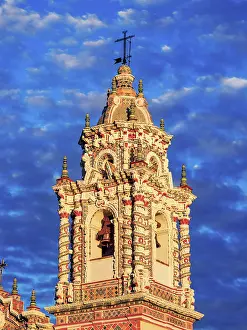 Puebla State Prints: Church of San Francisco Acatepec at sunset, detailed view, Cholula, Puebla State, Mexico