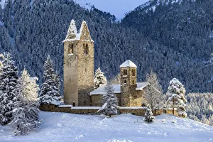 Grisons Prints: Church of San Gian surrounded by snowy woods, Celerina, Engadine, canton of Graubunden