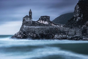 Church of San Pietro taken from the Palmaria island, municipality of Portovenere, La Spezia province, Liguria, Italy