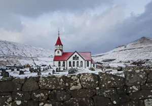 Vagar Prints: The church in Sandavagur covered by snow. Vagar, Faroe Islands