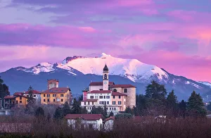 Church of SS Cosma e Damiano and Civello village, Generoso mount snowy in the background, Villa Guardia, Brianza, Como province, Lombardy, Italy