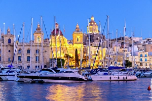 Yacht Prints: Church of St. Lawrence and Malta Maritime Museum at Dusk, Birgu, Malta, Southern Europe