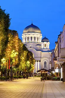 Church Of St Prints: Church of St. Michael the Archangel at Dusk, Laisves Avenue, Kaunas, Lithuania