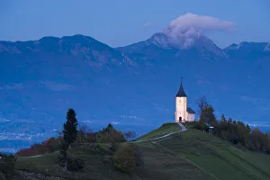 Illuminate Prints: Church of St. Primoz at dusk, Jamnik, Gorenjska, Slovenia, Europe