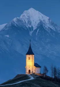 Church Of St Prints: Church of St. Primoz and Felician at dusk in winter