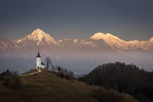 Church Of St Prints: Church of St. Primoz and Storzic Mountain at sunset, Jamnik, Slovenia