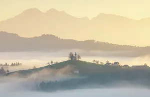 Church Of St Prints: Church of St. Thomas and the Kamink Savinja Alps at sunrise