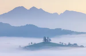 Church Of St Prints: Church of St. Thomas and the Kamink Savinja Alps at sunrise
