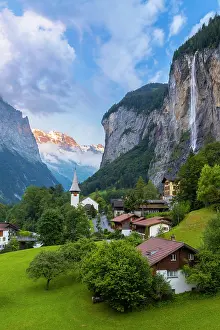 Trails Prints: Church and Staubbach waterfall, Lauterbrunnen, Canton of Bern, Switzerland