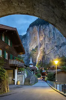 Trails Prints: Church and Staubbach waterfall, Lauterbrunnen, Canton of Bern, Switzerland