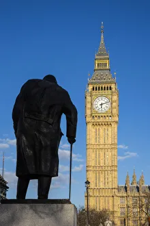 Images Dated 21st April 2016: Churchill statue & Big Ben, Houses of Parliament, London, England, UK