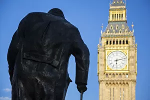 Churchill statue & Big Ben, Houses of Parliament, London, England, UK