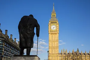 Images Dated 21st April 2016: Churchill statue & Big Ben, Houses of Parliament, London, England, UK
