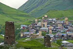 Transcaucasia Prints: Chvibiani and Zhibiani at sunrise. Ushguli, Samegrelo-Zemo Svaneti region, Georgia